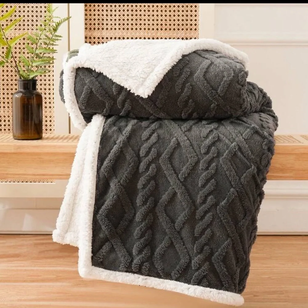 Grey Sherpa Fleece Throw Blanket Cable Knit Pattern 59” x 79” New Fall Winter